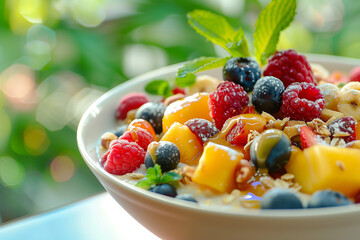 A bowl of fruit salad with blueberries, raspberries, and bananas. The bowl is white and the fruit is fresh and colorful