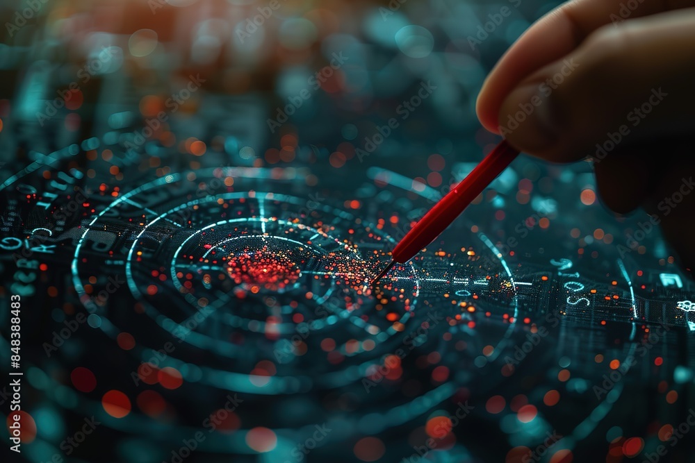 Poster a person is drawing a red line on a computer screen