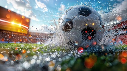 Vivid 3D illustration of a soccer ball splashing through water on a stadium field, capturing the energy and excitement of the championship, ideal for sports marketing.