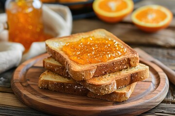 Toast breads with sweet orange jam on wooden table