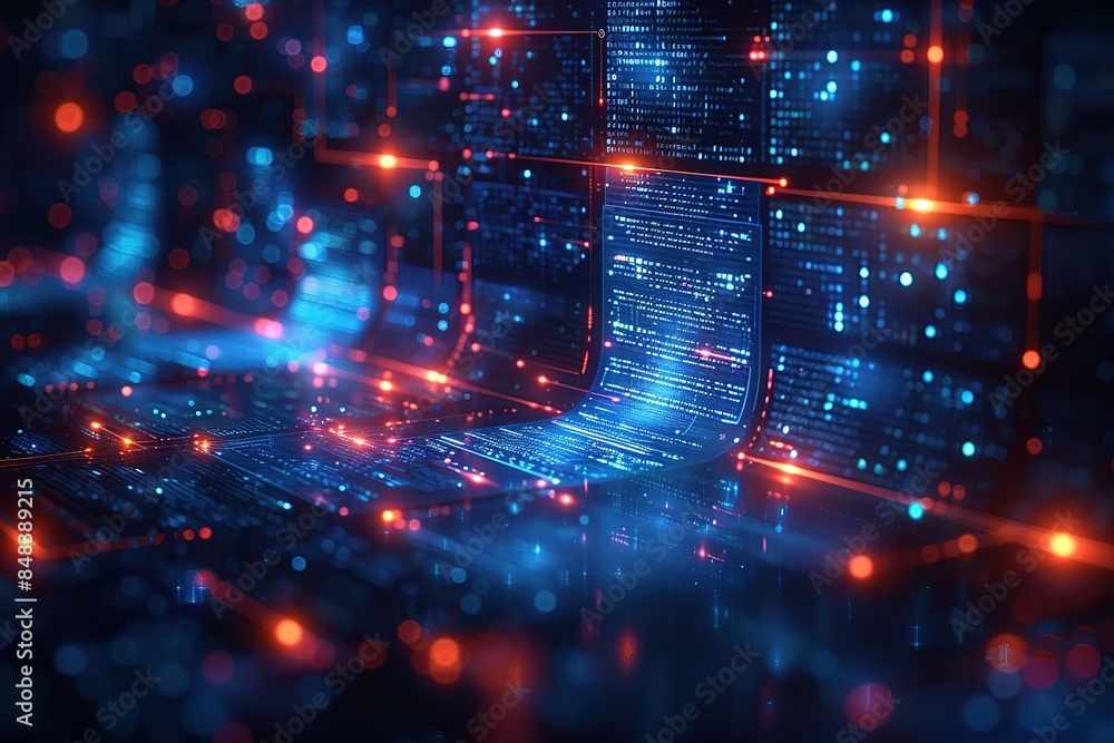 Poster a computer screen with a blue background and red and orange lights