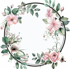 Fototapeta premium Watercolor black circle frame with green leaves and pink roses 