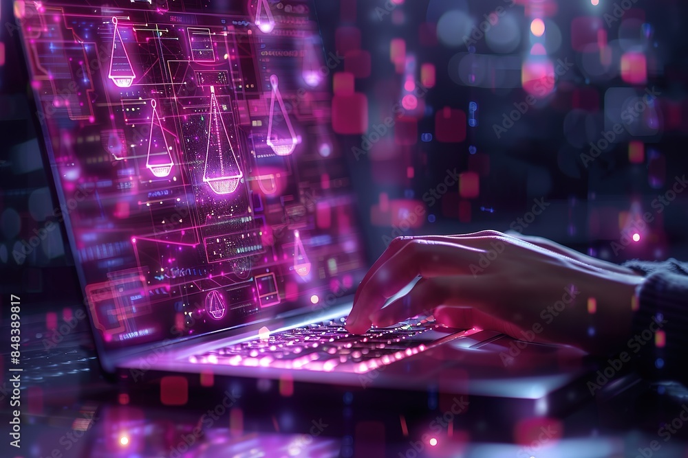 Poster a person is typing on a computer with a pink background
