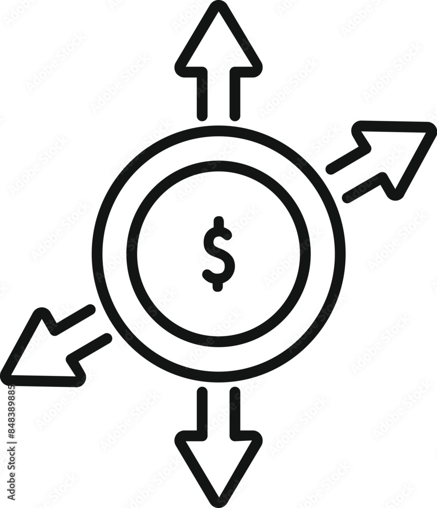 Poster line icon representing money flow with some arrows going up and others going down