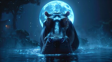 A hippopotamus stands in a body of water with a full moon in the background