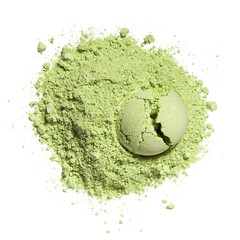 Texture round swatches of cosmetic green clay kaolin, eye shadow, corrector concealer powder on a...