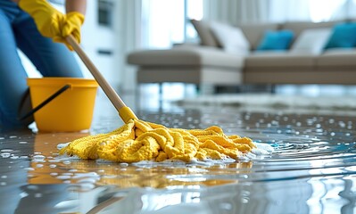 A woman is mopping a floor with a yellow mop
