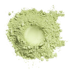 Texture round swatches of cosmetic green clay kaolin, eye shadow, corrector concealer powder on a...