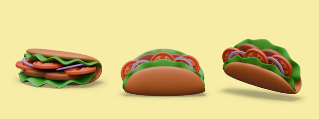 Appetizing 3D tacos, view from different sides. Crispy fast food