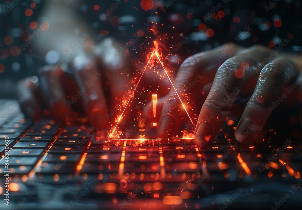 Poster a person is typing on a keyboard with a red triangle on the screen