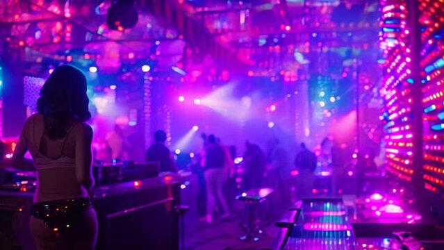 A woman standing confidently in front of a vibrant DJ set at a lively strip club scene, A wild strip club scene filled with colorful lights and music