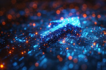 A blue arrow is on a blue background with a lot of glowing lights