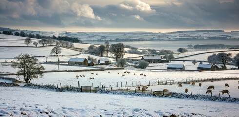 Obraz premium English farm in the winter with snow on hills and sheep grazing near barns and houses. The lake is visible at far distance