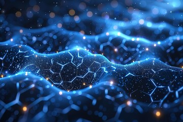 A blue and white image of a wave with a lot of dots and lines