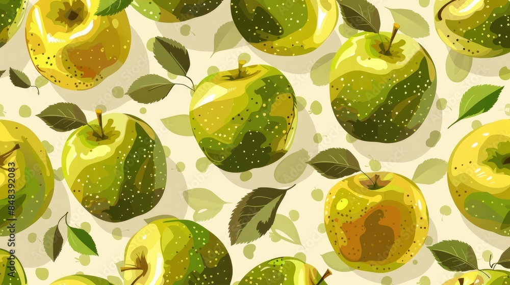 Poster green and yellow apples in seamless pattern on a tiled background