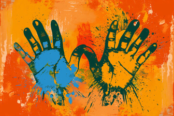 Colorful Handprints on an Orange Abstract Background