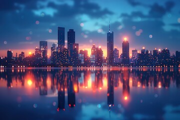 Fototapeta premium A city skyline is reflected in the water, with the sun setting in the background