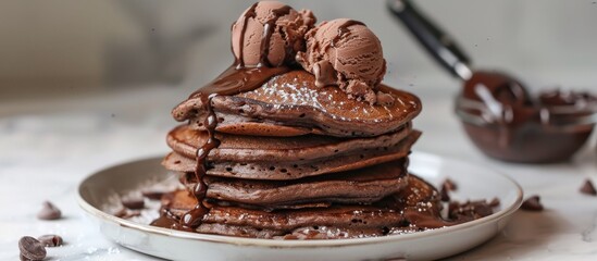 Homemade Chocolate Pancakes with Chocolate Ice-Cream Scoops Stacked on a White Surface