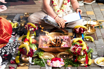 Hindu wedding vivah Yagya Indian Yajna ritual. Indian vedic fire ceremony called Pooja.