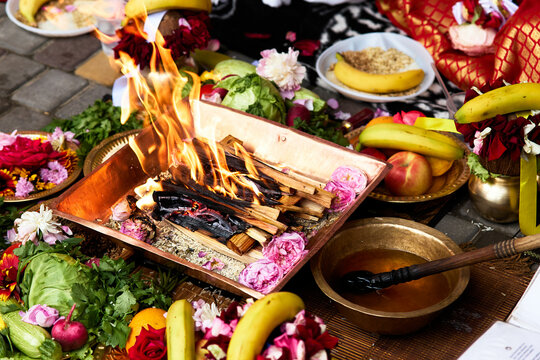 Hindu wedding vivah Yagya Indian Yajna ritual. Indian vedic fire ceremony called Pooja.