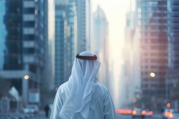 Back view of arabic man wearing traditional clothes