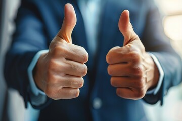 Businessman hands shows thumb up sign gesture