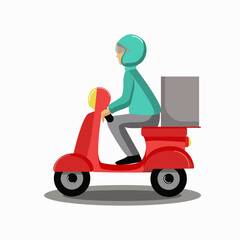Pizza delivery guy, courier on a scooter. A man in a helmet rides a scooter. Delivery of food and goods. Vector illustration, background isolated.