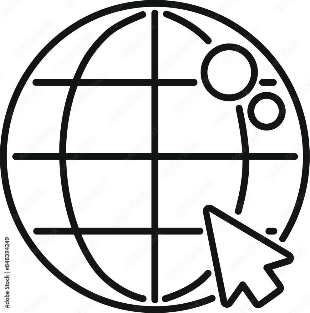 Poster simple, bold line icon of a cursor clicking on a world globe, representing global network access and