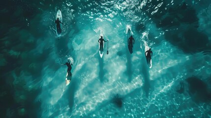 A group of surfers are riding wind waves on the electric blue water, enjoying a recreational event in the ocean. The marine biology and patterns underwater add to the beauty of the scene AIG50