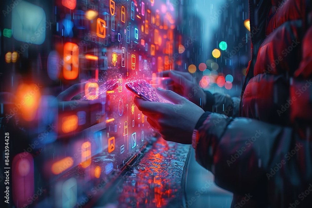 Poster a person is holding a cell phone in front of a screen with a lot of numbers
