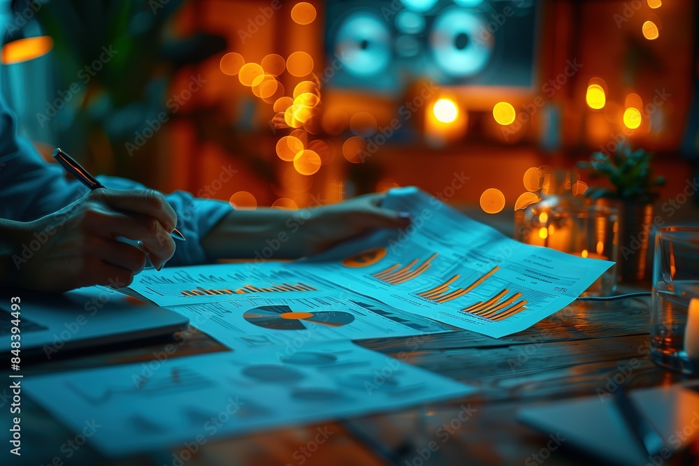 Fototapete A person is writing on a piece of paper with a pen. The paper has a lot of numbers and graphs on it.