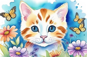 A beautiful, red, white Siberian cat with flowers and butterflies. A big head. A colored postcard. Cover for a notebook, book, notebook. Mother's Day, March 8, birthday, congratulations on the holiday