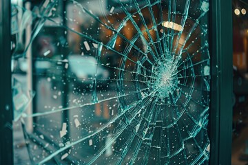 Broken shop glass window or door, store, office or house