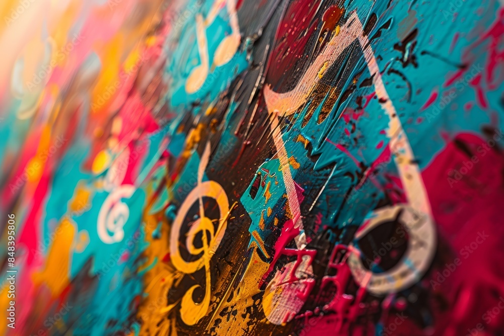 Poster a close-up photo of a cluster of music notes and signs painted on a colorful abstract background