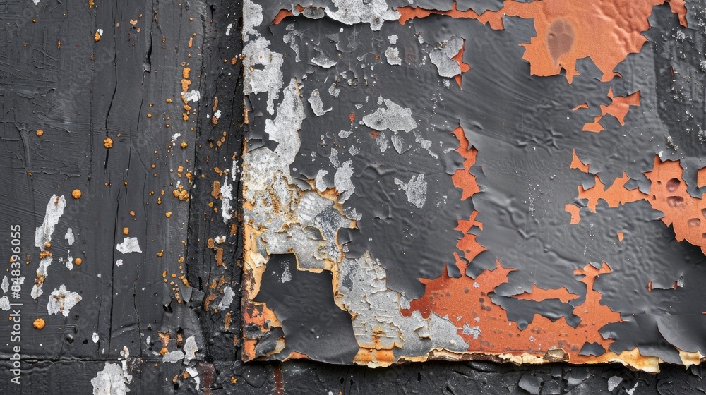 Poster metallic surface displaying chipped paint corrosion and scrapes creating a compelling abstract desig
