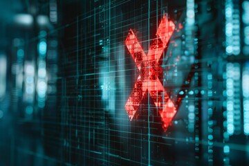 A digital hologram of a red X mark projected onto a transparent screen