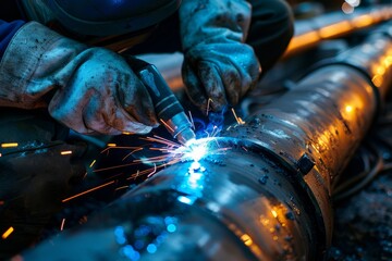 A close-up photo of a welders hands expertly welding a metal pipe. Sparks fly as they work diligently