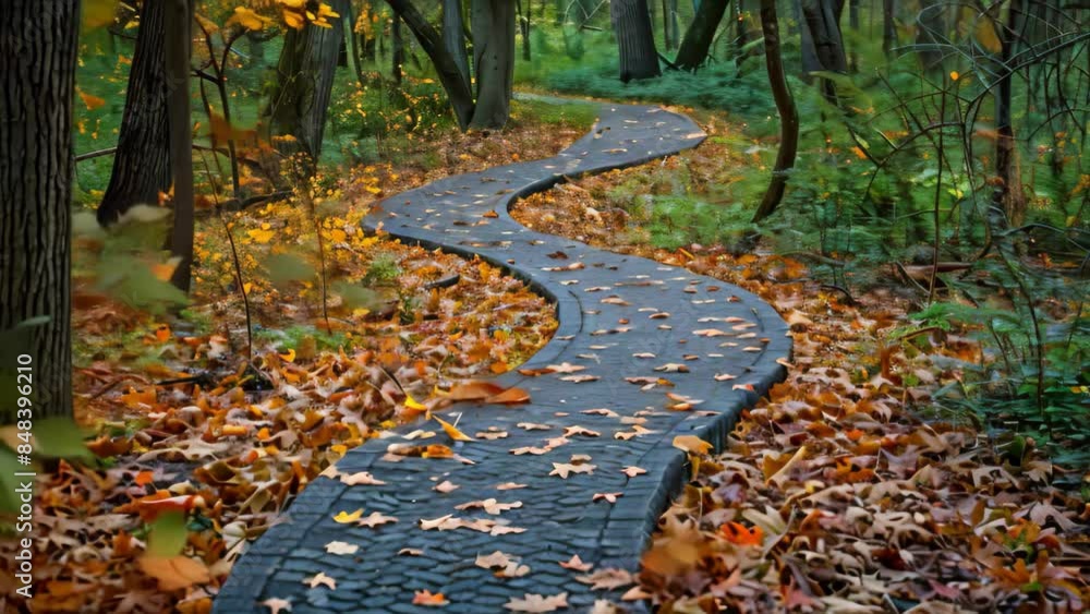 Poster a path winding through a forest with fallen leaves covering the ground, a winding path through a for