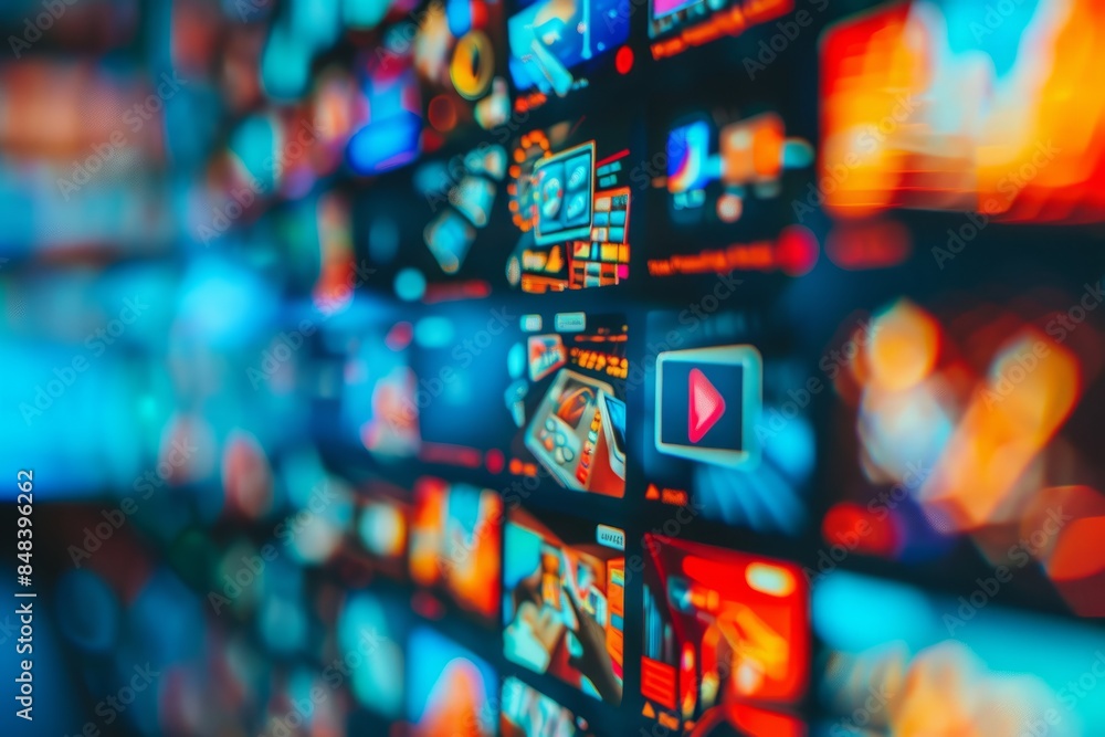 Poster a close-up image of a modern television screen with multiple channel images and streaming service ic