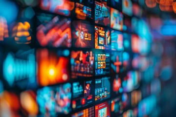 Close-up of TV screen with diverse content and streaming icons in vibrant colors, showcasing modern media options