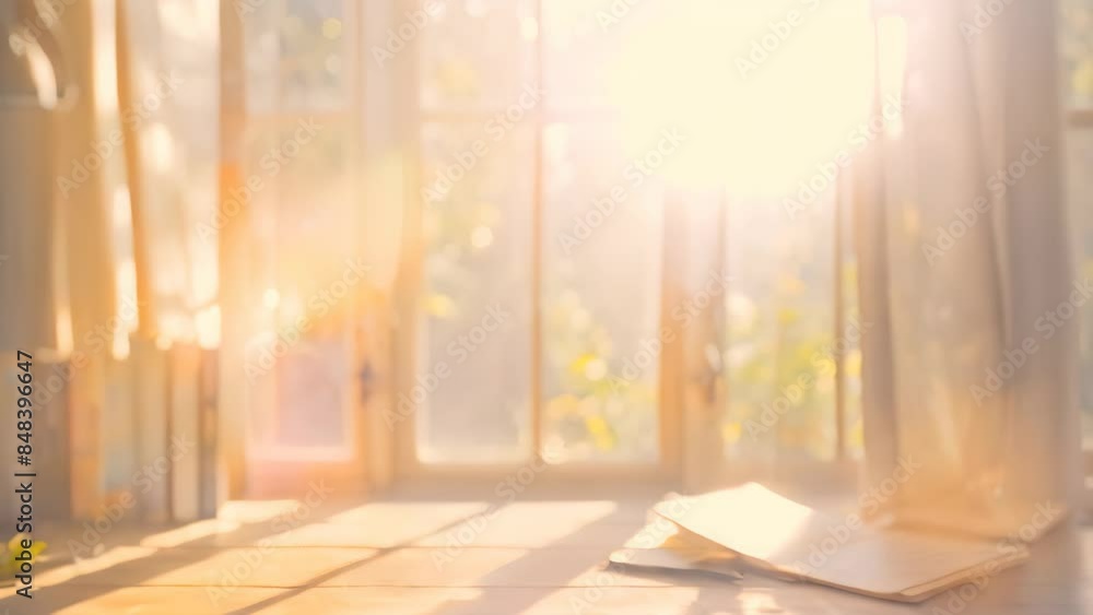 Poster a table illuminated by sunlight from a window, featuring a book and a lamp on the surface, a window 