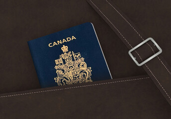 Canada Passport in a brown leather travel bag 3D Illustration - Canadian