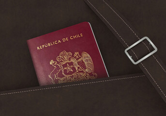 Chile Passport in a brown leather travel bag 3D Illustration - Chilean