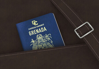 Grenada Passport in a brown leather travel bag 3D Illustration - Grenadian