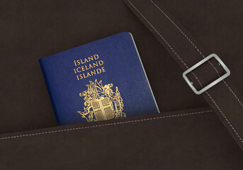 Iceland Passport in a brown leather travel bag 3D Illustration - Icelandic