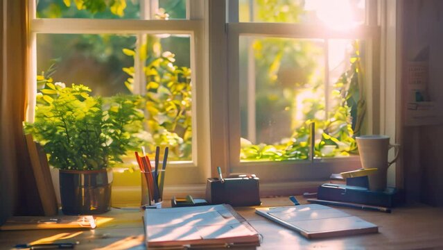 A desk illuminated by sunlight from a window, featuring a book, notebooks, and a potted plant, A window with sunlight streaming in onto a desk with a planner and pens