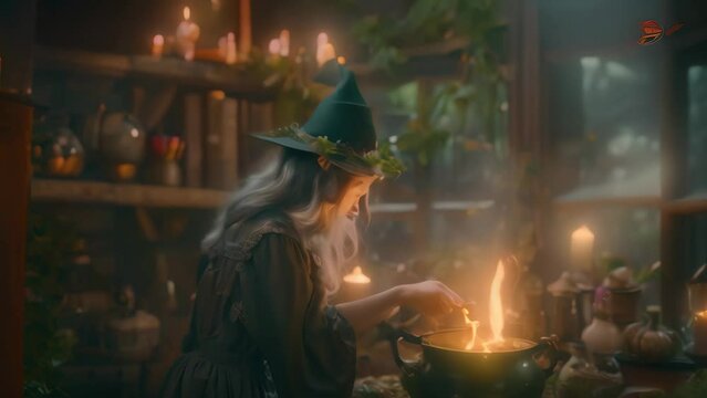 A woman dressed as a witch lighting a candle in a mystical setting, A witch brewing a potion in a cauldron