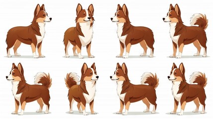 Fototapeta premium A set of cartoon stickers of Corgi dogs of different colors, different facial expressions on a white background.