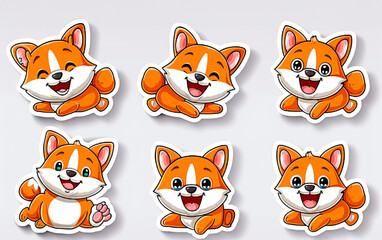 A set of cartoon stickers of Corgi dogs of different colors, different facial expressions on a white background.