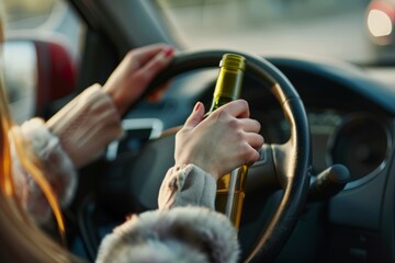A womans hand holds a wine bottle in a car, gripping the steering wheel with her other hand. The scene is likely dangerous and irresponsible